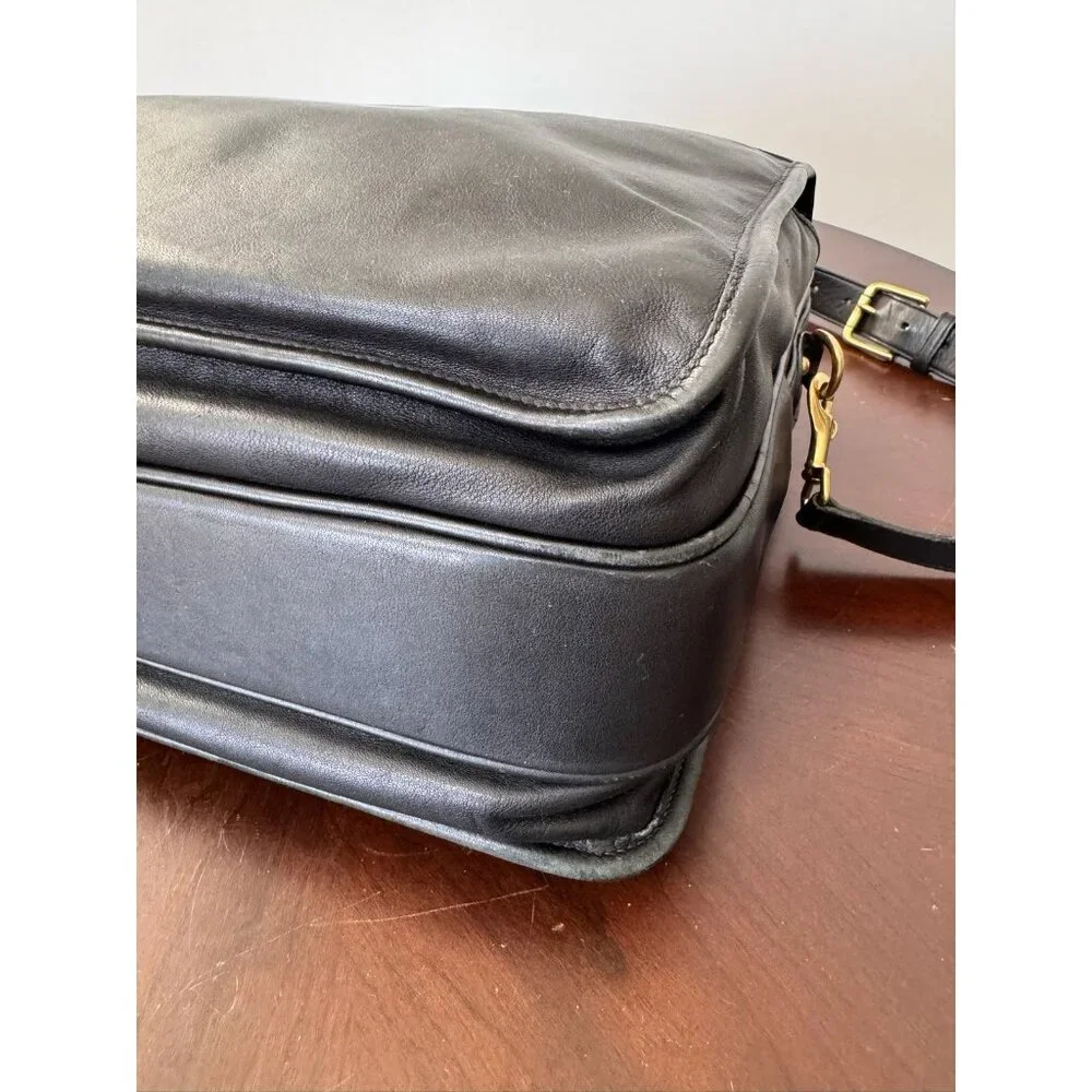 VTG COACH 0532 XL BLACK Leather Messenger Crossbody Bag BRIEFCASE Pockets Laptop